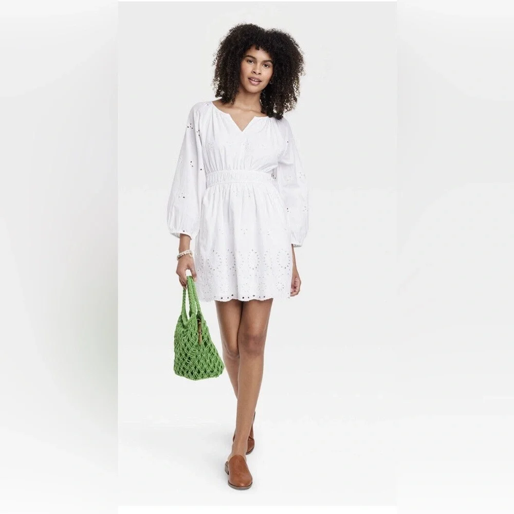 Women's Puff 3/4 Sleeve Eyelet Dress - Universal Thread White - Picture 2 of 5